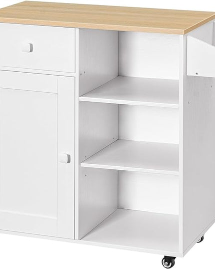 HOOBRO Kitchen Island, Storage Cabinet with Drawer, Kitchen Cart with Spice and Towel Rack, Saving Space, Easy Assembly, for Living Room, White and Natural WN12ZD01 - LeafyLoom