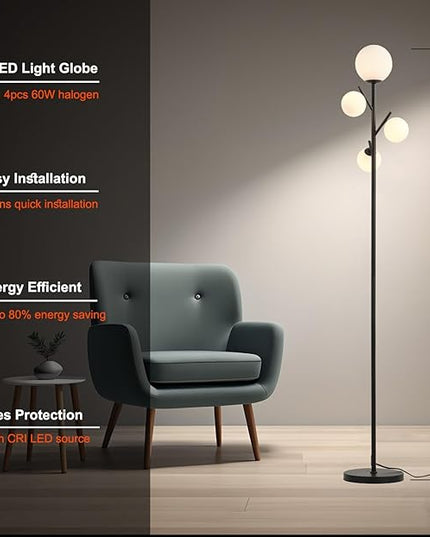 4 Globe Floor Lamp, Modern Sputnik Tree Standing Lamp with Frosted Glass Ball Lampshade & 3000K LED Bulbs, Mid Century Contemporary Tall Lamp for Living Room, Bedroom, Office, Hotel - LeafyLoom