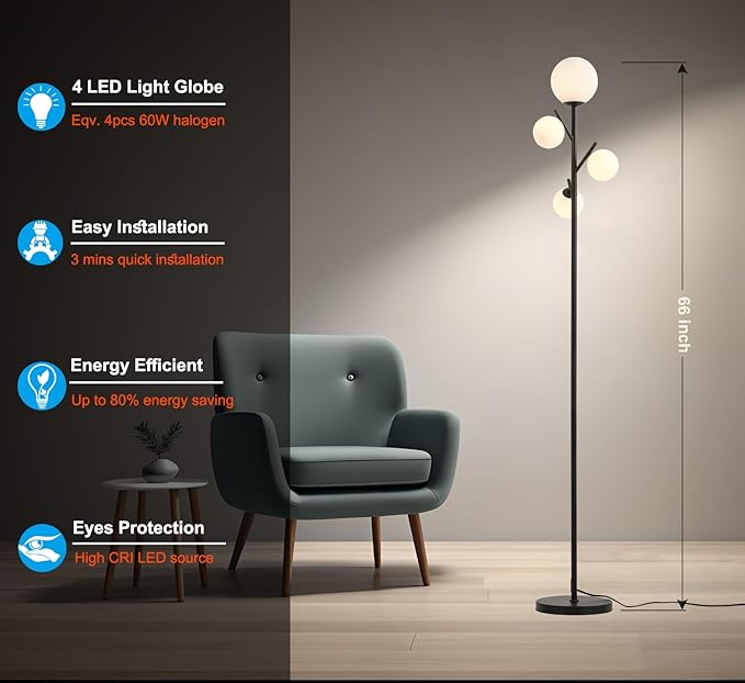 4 Globe Floor Lamp, Modern Sputnik Tree Standing Lamp with Frosted Glass Ball Lampshade & 3000K LED Bulbs, Mid Century Contemporary Tall Lamp for Living Room, Bedroom, Office, Hotel - LeafyLoom