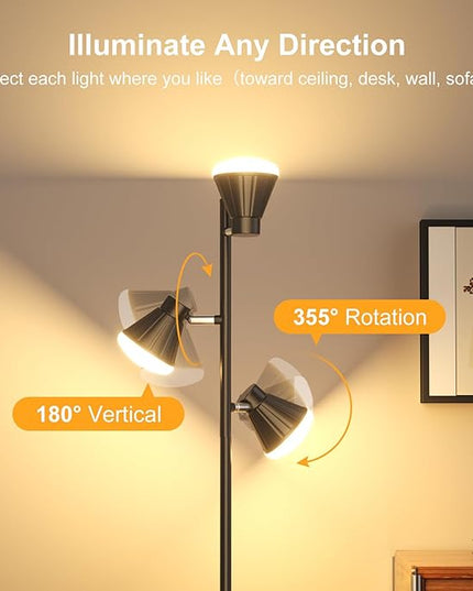 36W Integrated LED Tree Floor Lamp, Rotatable Modern 3 Light Standing Lamp with Foot Switch, Bright Reading Tall Lamp with 3 Color Temperatures, Black Stand up Lamp for Living Room, Bedroom, Office - LeafyLoom