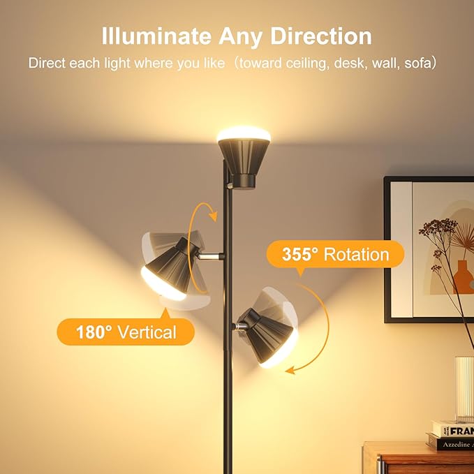 36W Integrated LED Tree Floor Lamp, Rotatable Modern 3 Light Standing Lamp with Foot Switch, Bright Reading Tall Lamp with 3 Color Temperatures, Black Stand up Lamp for Living Room, Bedroom, Office - LeafyLoom