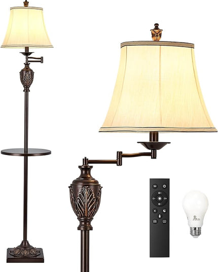 Traditional LED Floor Lamp with 350° Adjustable Swing Arm Lamp – Vintage Standing Pole lamp for Living Room, Bedroom and Office – Rustic Upright Floor Light for Home Décor with Silk Fabric Shade - LeafyLoom