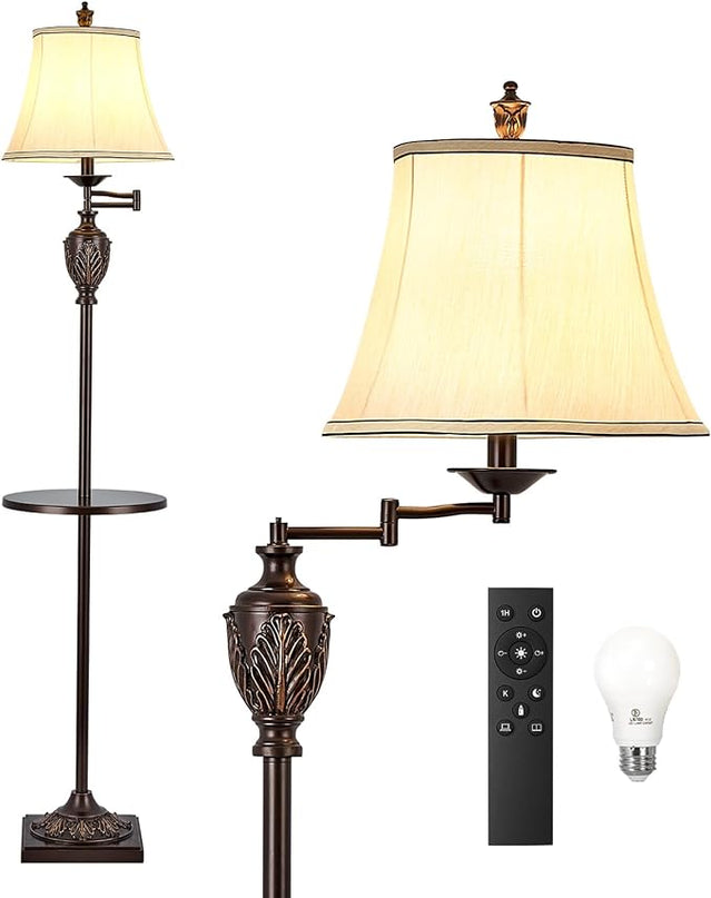 Traditional LED Floor Lamp with 350° Adjustable Swing Arm Lamp – Vintage Standing Pole lamp for Living Room, Bedroom and Office – Rustic Upright Floor Light for Home Décor with Silk Fabric Shade - LeafyLoom