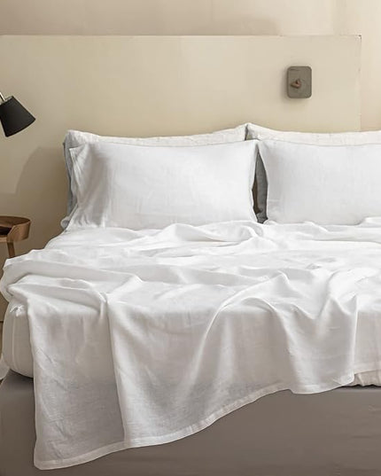 Simple&Opulence 100% Linen Sheet Set Solid Color- 6 Pcs Washed French Flax Bed Sheets (1 Flat Sheet, 1 Fitted Sheet, 4 Pillowcases) - Breathable Home Collection (Basic White, King) - LeafyLoom