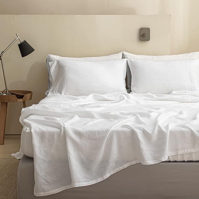 Simple&Opulence 100% Linen Sheet Set Solid Color- 6 Pcs Washed French Flax Bed Sheets (1 Flat Sheet, 1 Fitted Sheet, 4 Pillowcases) - Breathable Home Collection (Basic White, King) - LeafyLoom