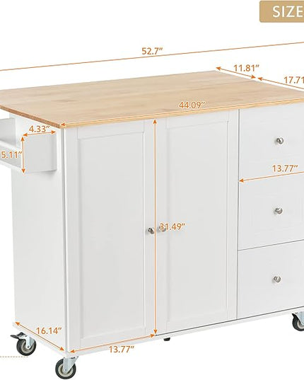 53" W Kitchen Cart on Wheels with Wood Top Desktop and Drop Leaf Breakfast Bar, Rolling Moveable Kitchen-Island Table with Storage, Towel Rack, for Dinning Room - LeafyLoom