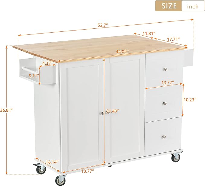 52.7 Cart with Wood Top and Drop Leaf Breakfast Bar, Rolling Mobile Island Towel Rack,Large Storage Cabinet Kitchen Table for Dinning Room, White, 52.76 Inch - LeafyLoom
