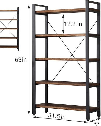 5 Tier Bookcase, Solid Rustic Industrial Etagere Bookcase, Metal and Wood Free Vintage Bookshelf, Retro Brown (Real Wood) (5-Tier) - LeafyLoom