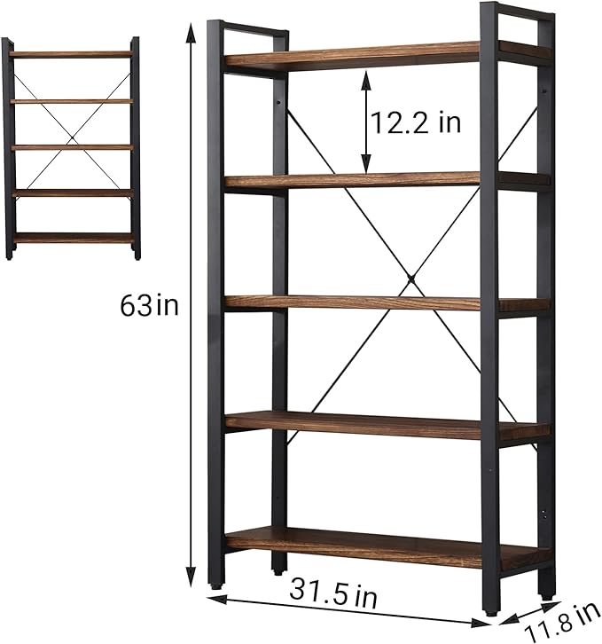 5 Tier Bookcase, Solid Rustic Industrial Etagere Bookcase, Metal and Wood Free Vintage Bookshelf, Retro Brown (Real Wood) (5-Tier) - LeafyLoom