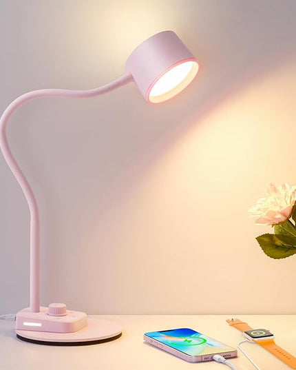 Cute Desk Lamp with USB C + A Charging Port, 5 Colors Dimmable Reading Lamps, Minimalist Pink Lamp for Kids, Eye Care Metal Bedside Table Lamp with Timer Flexible Gooseneck Desk Light for Home Office - LeafyLoom