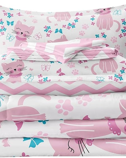 Kids Cat Bedding Twin Size Bed in a Bag, Cute Pink Animal Comforter Set for Teen Girls Bedroom Decor, Kawaii Floral Butterfly Bedding Sets & Collections - LeafyLoom