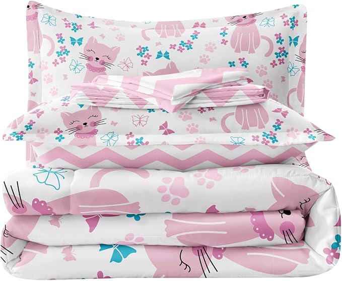 Kids Cat Bedding Twin Size Bed in a Bag, Cute Pink Animal Comforter Set for Teen Girls Bedroom Decor, Kawaii Floral Butterfly Bedding Sets & Collections - LeafyLoom