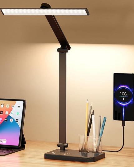 LED Desk Lamp with USB Charging Port, Eye-Caring Table Lamp, Touch Control Dimmable 5 Color Modes, 45 Min Auto-Off Timer, Foldable Study Desk Light for Home Office College Dorm & Reading - LeafyLoom