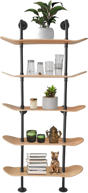 Industrial Shelves - 5 Tier Industrial Decor Pipe Bookcase Using 7 Ply Skateboard Decks - Natural Wood Stain Finish - Bathroom Wall Decor, Living Room Furniture, Book Shelf for Skateboard Enthusiasts - LeafyLoom