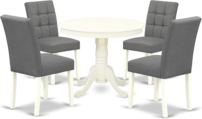 East West Furniture ANAS5-LWH-41 Antique 5 Piece Dining Set Contain A Dinner Table and 4 Platinum Gray Faux Leather Kitchen Chairs with Stylish Back, Linen White Finish, 36x36 Inch - LeafyLoom