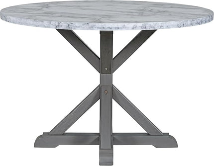 5-Piece Farmhouse Wooden Round Dining Table Set with Marble Sticker Tabletop and 4 Linen Upholstered Chairs for Dinette Room and Kitchen (47.2 inch,White+Gray), 47.2" L x 47.2" W x 30" H - LeafyLoom