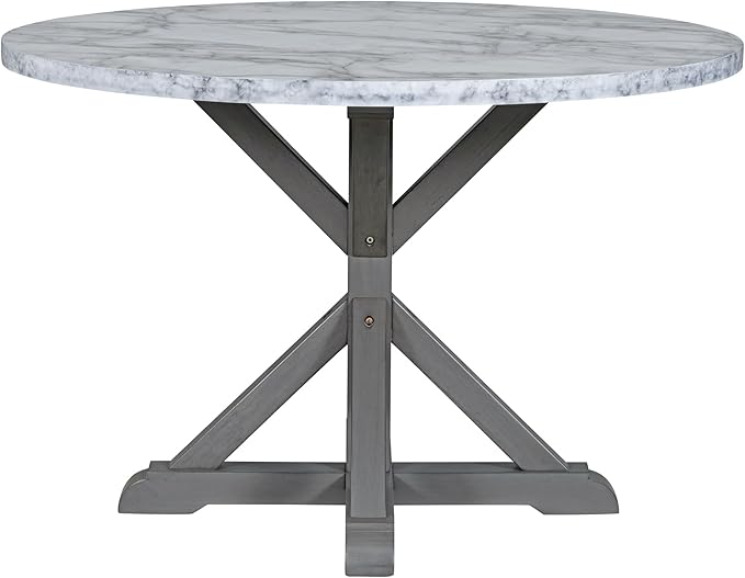 5-Piece Farmhouse Wooden Round Dining Table Set with Marble Sticker Tabletop and 4 Linen Upholstered Chairs for Dinette Room and Kitchen (47.2 inch,White+Gray), 47.2" L x 47.2" W x 30" H - LeafyLoom