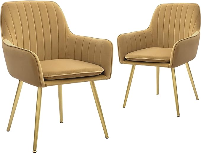 CangLong Furniture Modern Living Dining Room Accent Arm Chairs Club Guest Metal, Set of 2, Brown+Gold Legs - LeafyLoom