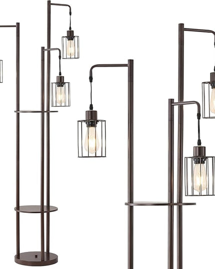 Dimmable floor lamp with tray，Industrial Farmhouse Floor Lamp adjustable Angle，3 Light Rustic Standing Tall Lamp for living room, bedroom and office （bulbs included） - LeafyLoom