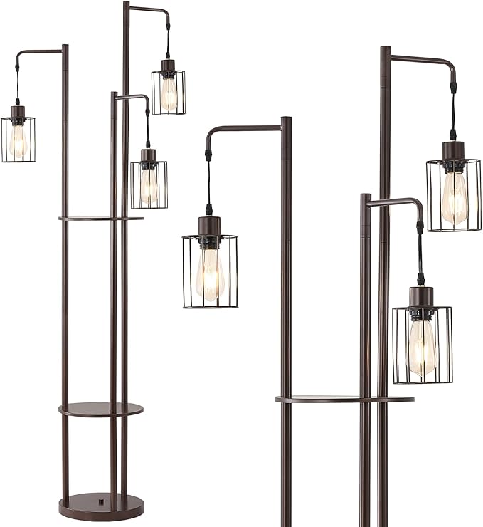 Dimmable floor lamp with tray，Industrial Farmhouse Floor Lamp adjustable Angle，3 Light Rustic Standing Tall Lamp for living room, bedroom and office （bulbs included） - LeafyLoom