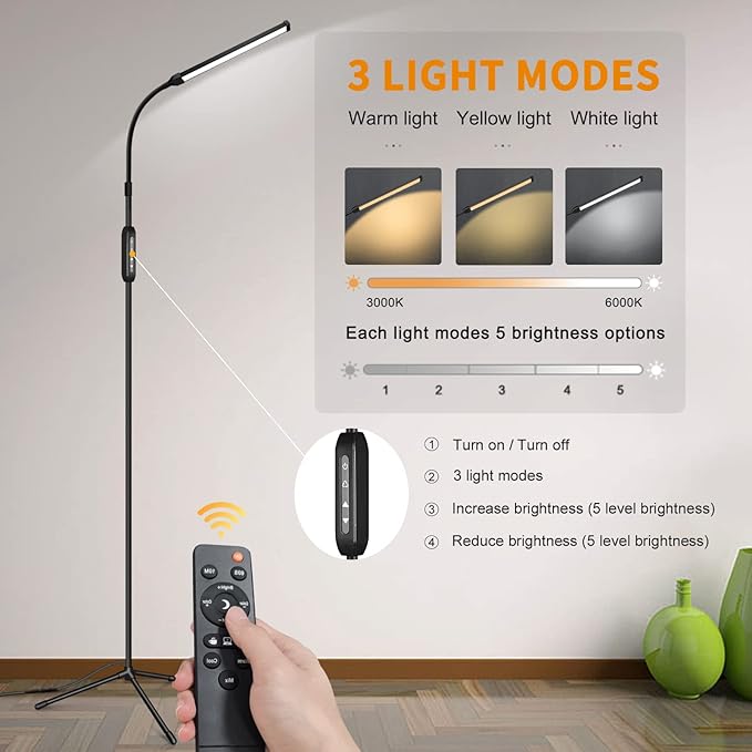 Led Floor Lamp for Eyelash Extensions Craft Task Floor Standing Light Adjustable Gooseneck Dimmable lash Reading Floor Lamp for Bedroom Office Black - LeafyLoom