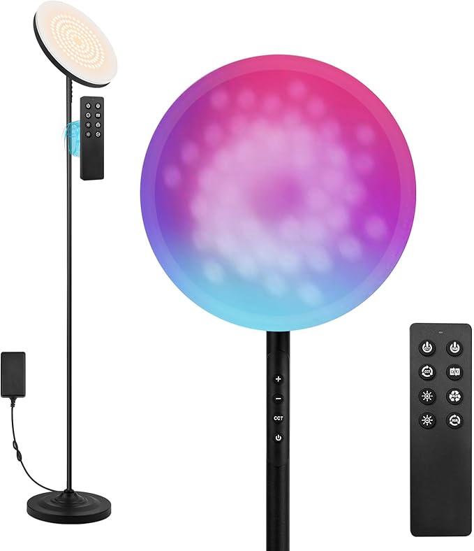 Floor Lamp, 36W/3600LM Bright Floor Lamp with Remote Control, RGB Color Changing Torchiere Floor Lamp, Stepless Adjust Color Temperatures & Brightness for Bedroom and Play Room - LeafyLoom