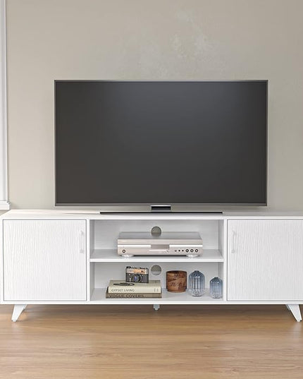 Panana TV Stand Television Stands TV Console Unit with Shelf and 2 Doors Storage Cabinets for Living Room Bedroom for TVs up to 70 Inches (White,62.99 inches) - LeafyLoom