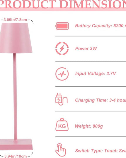 2 Pack LED Rechargeable Table Lamps, Cordless Desk Lamp, 3W 5200mAh Battery Operated Table Light, Stepless Dimming Portable Table Light Waterproof for Restaurant/Indoor/Outdoor (Pink 2Pack) - LeafyLoom