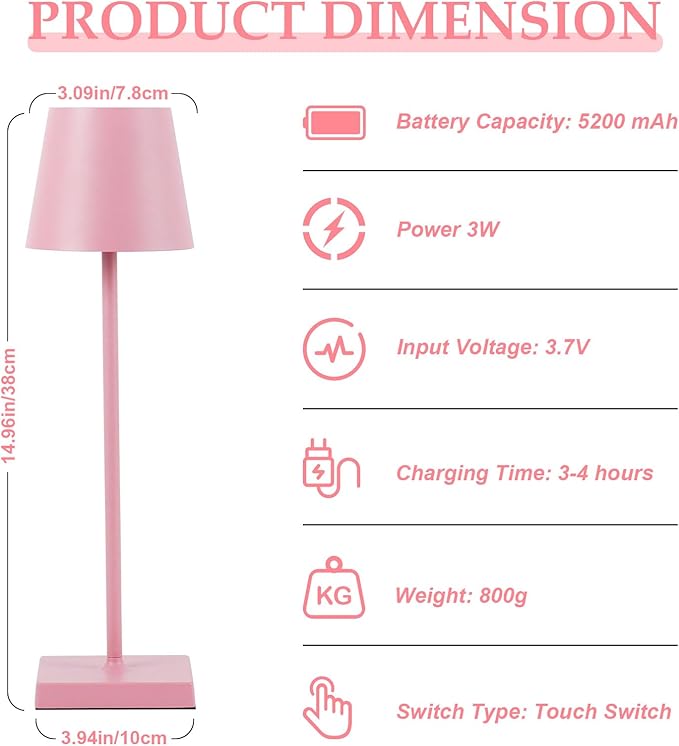 2 Pack LED Rechargeable Table Lamps, Cordless Desk Lamp, 3W 5200mAh Battery Operated Table Light, Stepless Dimming Portable Table Light Waterproof for Restaurant/Indoor/Outdoor (Pink 2Pack) - LeafyLoom