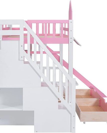 Twin Over Twin Castle Bunk Bed with Slide, Stairs Storage, Drawers and Shelves, Multifunctional Wood Bunkbeds w/Staircase, for Kids/Teens/Boys/Girls Bedroom, Pink - LeafyLoom