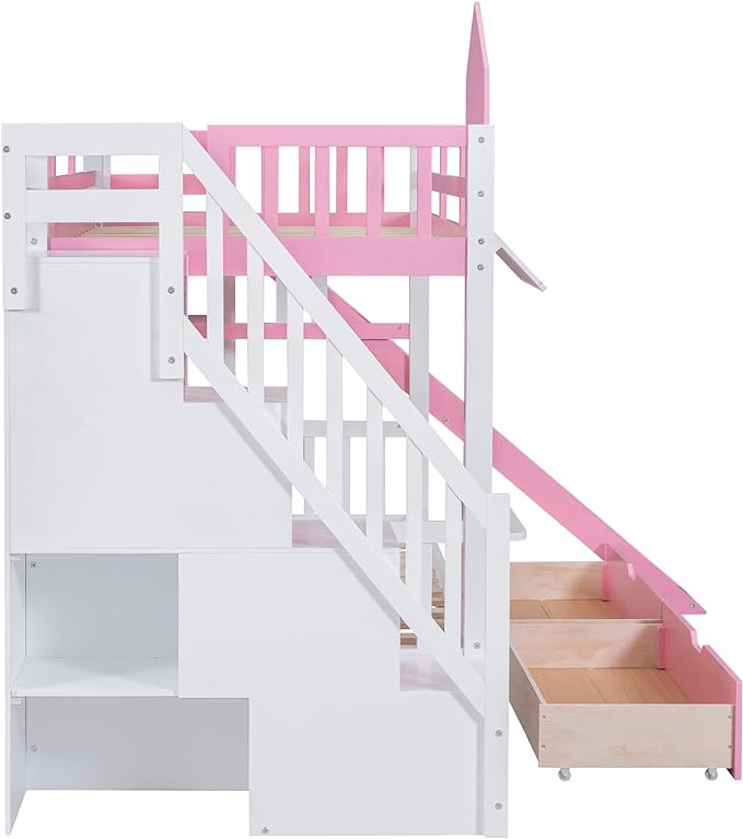 Twin Over Twin Castle Bunk Bed with Slide, Stairs Storage, Drawers and Shelves, Multifunctional Wood Bunkbeds w/Staircase, for Kids/Teens/Boys/Girls Bedroom, Pink - LeafyLoom