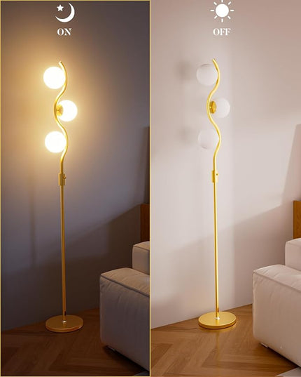 Lightdot 60IN Dimmable (Brightness Adjustable) Gold Floor Lamp, Mid Century Standing Lamps with 3 Globe Soft Warm White Eye Care 3000K Bulbs Included, Modern Tall Lamp for Bedroom Office - LeafyLoom
