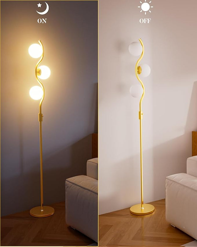 Lightdot 60IN Dimmable (Brightness Adjustable) Gold Floor Lamp, Mid Century Standing Lamps with 3 Globe Soft Warm White Eye Care 3000K Bulbs Included, Modern Tall Lamp for Bedroom Office - LeafyLoom