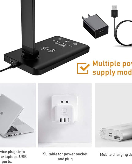 LED Desk Lamp with Wireless Charger, USB Charging Port, Dimmable Eye-Caring Desk Light with 5 Brightness Levels & 5 Lighting Modes, Touch Control, Auto Timer (Black) - LeafyLoom