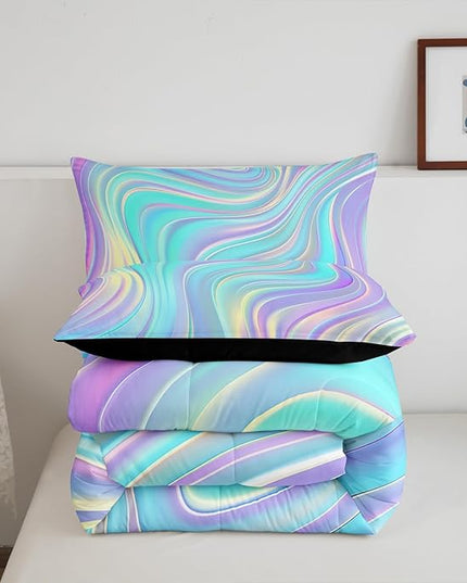 Pastel Rainbow Comforter Set with Pillowcases Abstract Wave Stripes 3D Printed Designs 3 Piece Bedroom Duvet Set Psychedelic Girl Bed Down Comforter for Kids Women Dorm Room (Full,Coulourful Marble) - LeafyLoom
