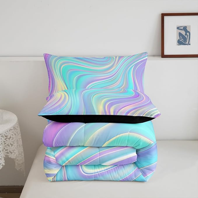 Pastel Rainbow Comforter Set with Pillowcases Abstract Wave Stripes 3D Printed Designs 3 Piece Bedroom Duvet Set Psychedelic Girl Bed Down Comforter for Kids Women Dorm Room (Full,Coulourful Marble) - LeafyLoom