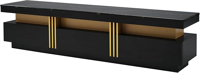 Merax Luxury TV Stand with High Gloss Faux Marble Top, Golden Panel Design, and 3 Drawers for Televisions Up to 78'', Rectangle Media Console, Practical Entertainment Center for Living Room, Black - LeafyLoom