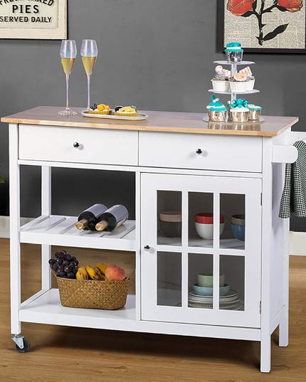 ChooChoo Rolling Kitchen Island, Portable Kitchen Cart Wood Top Kitchen Trolley with Drawers and Glass Door Cabinet, Wine Shelf, Towel Rack, White - LeafyLoom