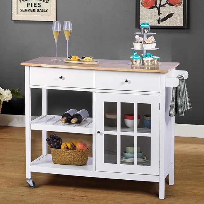 ChooChoo Rolling Kitchen Island, Portable Kitchen Cart Wood Top Kitchen Trolley with Drawers and Glass Door Cabinet, Wine Shelf, Towel Rack, White - LeafyLoom