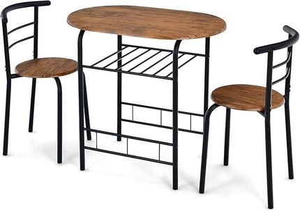 FANTASK 3 Piece Dining Table Set, Compact Table and 2 Chairs Set, w/Metal Frame and Storage Shelf, Breakfast Table Set for Apartment Kitchen Dining Room Cafe (Black & Brown) - LeafyLoom