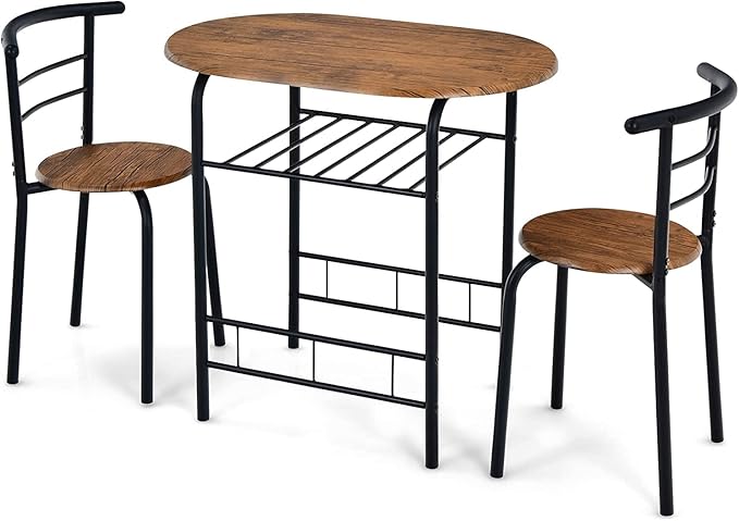 FANTASK 3 Piece Dining Table Set, Compact Table and 2 Chairs Set, w/Metal Frame and Storage Shelf, Breakfast Table Set for Apartment Kitchen Dining Room Cafe (Black & Brown) - LeafyLoom