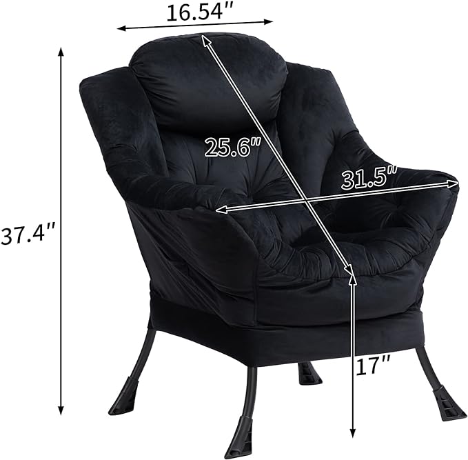HollyHOME Modern Fabric Large Lazy Chair, Accent Oversized Comfy Reading Chair, Thick Padded Cozy Lounge Chair with Armrest, Steel Frame Leisure Sofa Chair for Living Room, Bedroom, Dorm, Black - LeafyLoom