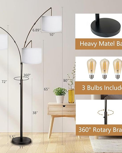 Dimmable Arc Floor Lamps for Living Room Modern 3 Lights Floor Lamp, Mid Century Tall Standing Reading Lamp 360° Adjustable Hanging Beige Shades for Bedroom Office Include Bulbs - LeafyLoom