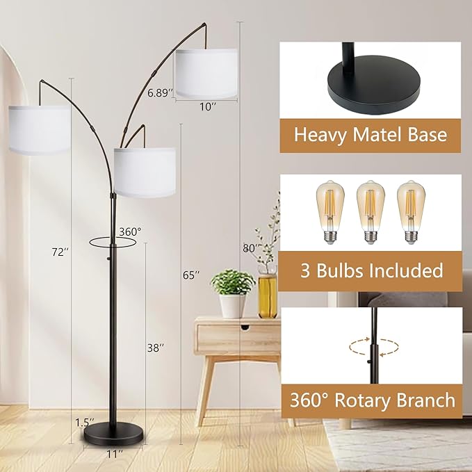 Dimmable Arc Floor Lamps for Living Room Modern 3 Lights Floor Lamp, Mid Century Tall Standing Reading Lamp 360° Adjustable Hanging Beige Shades for Bedroom Office Include Bulbs - LeafyLoom