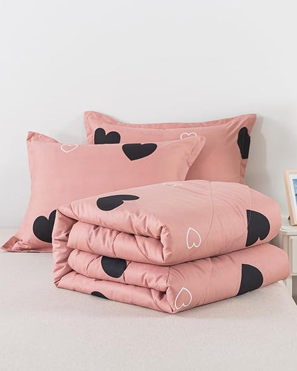 Love Pattern Cameo Brown Comforter Set Full Size, Pink Love Heart Sexy Comforter Bedding Set for All Seasons, Geometric Microfiber 3 Pieces Comforter Set with Pillowshams - LeafyLoom