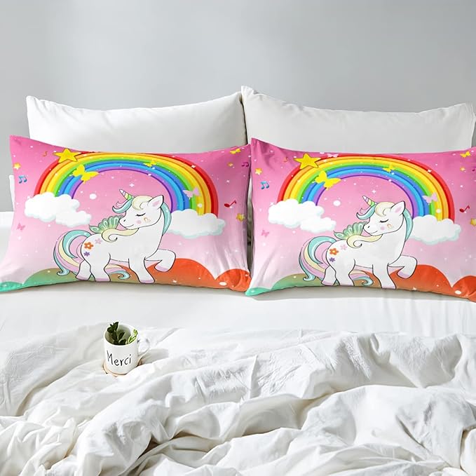 Unicorn Bedding Twin For Girls Kawaii Rainbow Unicorn Quilt Kids Galaxy Stars Comforter Set White Horse Floral Duvet Insert Fantasy Girls Room Decor Children Unicorn Reversible Pink With 1 Pillowcase - LeafyLoom