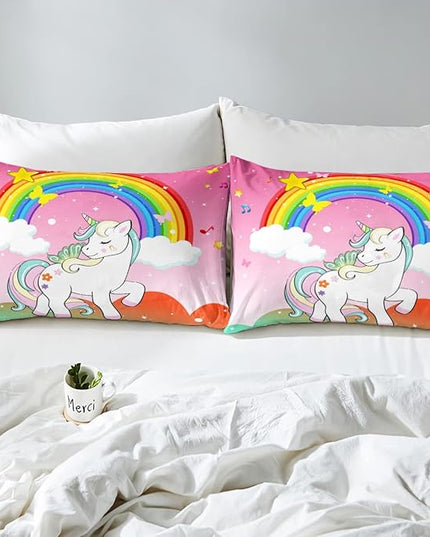 Girls Unicorn Comforter Set Full Size Kawaii Cute Unicorn Bedding Sets Ombre Starry Sky Down Comforter Cartoon Horse Quilt Colorful Rainbow Butterfly Reversible Comforters & Sets Bedroom Decor,3Pcs - LeafyLoom