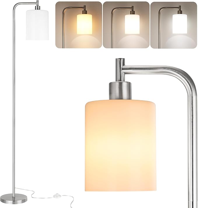 QiMH Floor Lamps for Living Room, Modern LED Standing Reading Light for Bedroom with Glass Shade, Tall Industrial 3 Colors Dimmable Pole Lamp with Foot Control for Home Office Corner Decor (Silver) - LeafyLoom