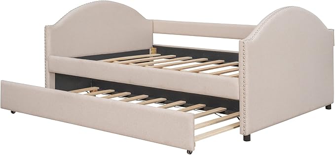Full Size Upholstered Daybed with Twin Size Trundle, Wood Slat Support, Beige - LeafyLoom