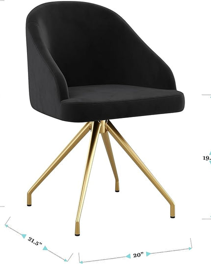 Martha Stewart Sora Stationary Swivel Task Chair with Sloped Arms for Home Office in Black Velvet with Polished Brass Frame - LeafyLoom